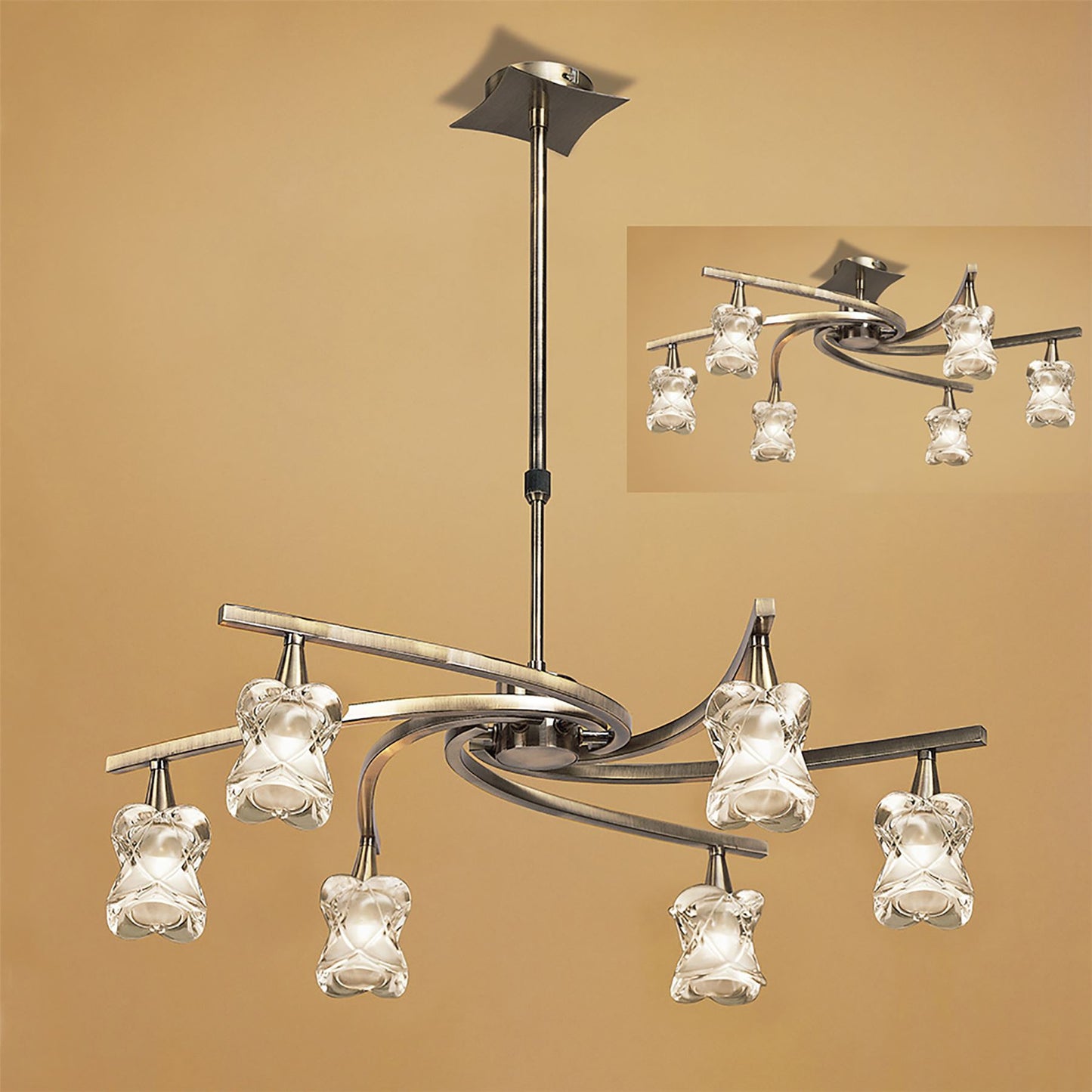Mantra Rosa 64cm Del Desierto Telescopic Pendant Convertible To Semi Flush 6 Light G9, Antique Brass