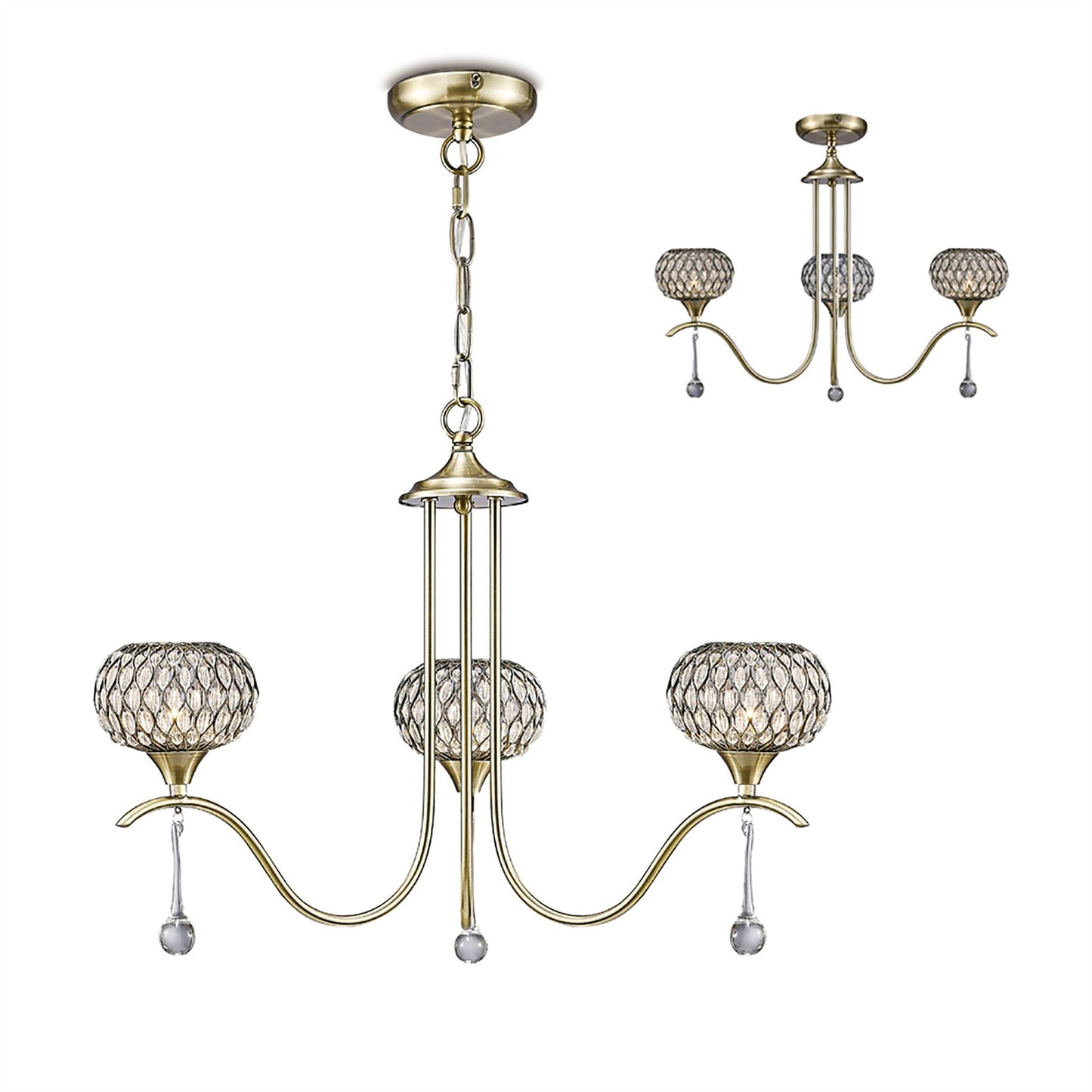 Diyas Chelsie 56cm  3 Light G9 Antique Brass/Clear Beaded Glass Ceiling Pendant Light Fitting