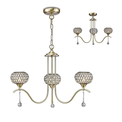Diyas Chelsie 56cm  3 Light G9 Antique Brass/Clear Beaded Glass Ceiling Pendant Light Fitting