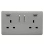 Light Grey Screwless 2 Gang Switched Double Socket 13A With 2 x USB-C 45W (Shared), (35mm Back Box Req.), 10yrs Warranty