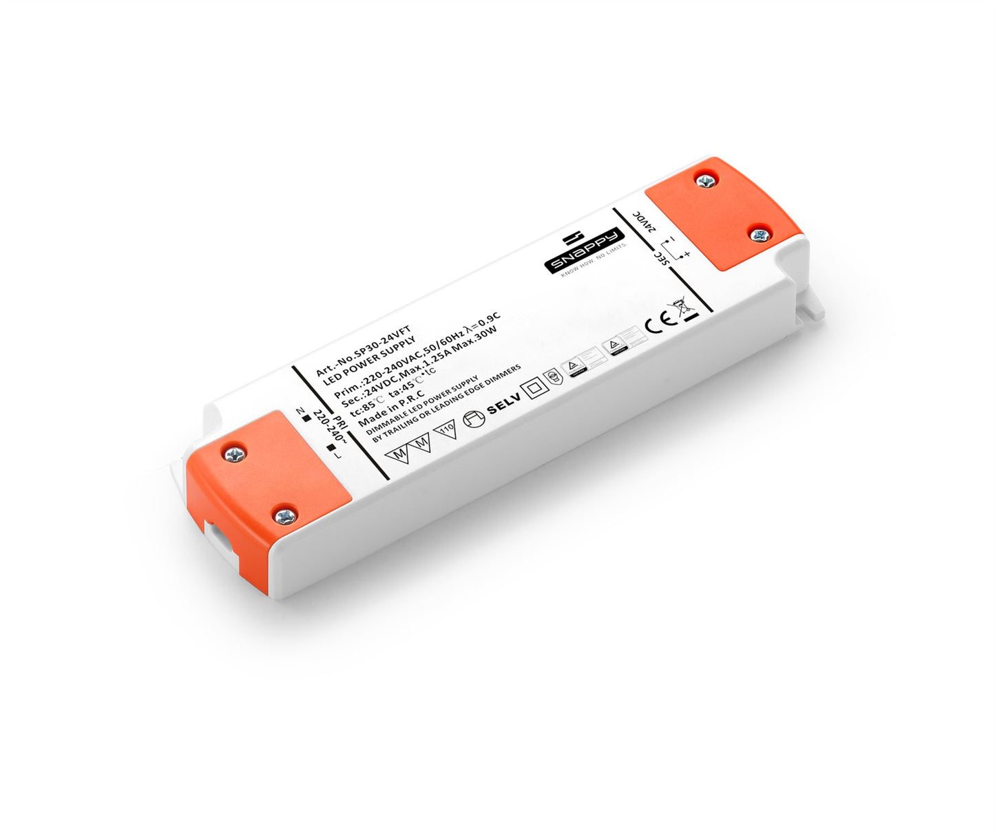 Snappy SP, 30W, Constant Voltage Triac Dimmable PC LED Driver, 24VDC, IP20, Screw Connection, 3yrs Warranty.