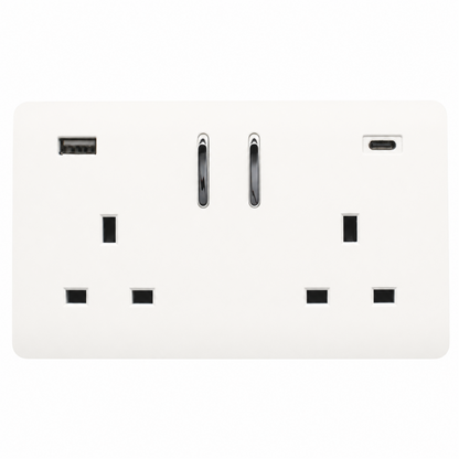 Trendi 2 Gang 13 Amp 2 x 3.1mA Type A&C USB Switched Plug Socket in Matt White - ART-SKT213USB31ACMWH