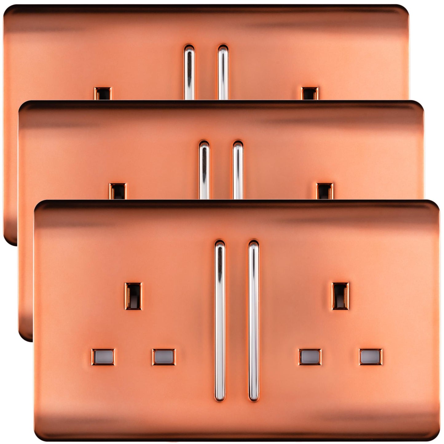 Trendi 2 Gang Artistic Modern Glossy 13 Amp Switched Tactile Plug Socket Copper (3 Pack)