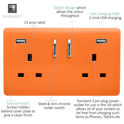 Trendi 2 Gang Artistic Modern Glossy 13 Amp 2 x 3.1mA USB Switched Plug Socket Orange