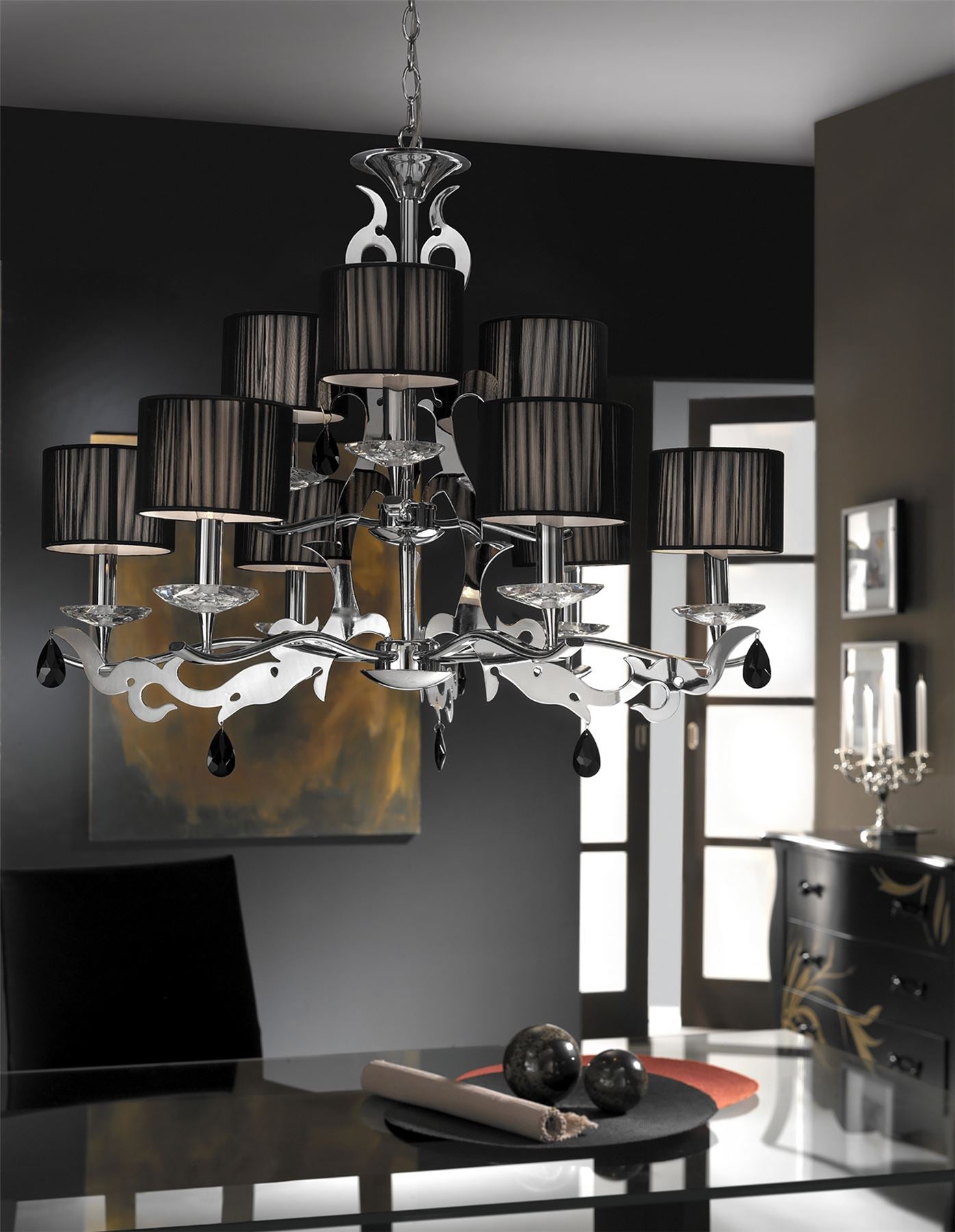 Mantra Acanto 84cm Pendant Round 9 Light E14, Polished Chrome with Black Shades