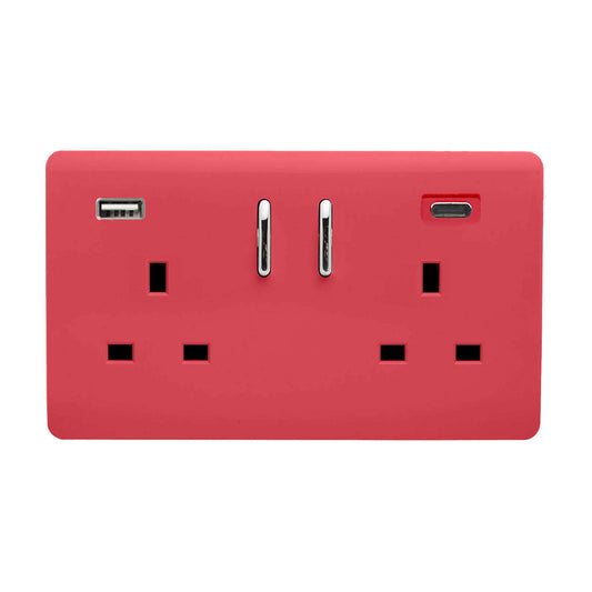 Strawberry Screwless 2 Gang Switched Double Socket 13A With 1 x USB-A & 1 x USB-C 65W (Shared), (35mm Back Box Req.), 10yrs Warranty