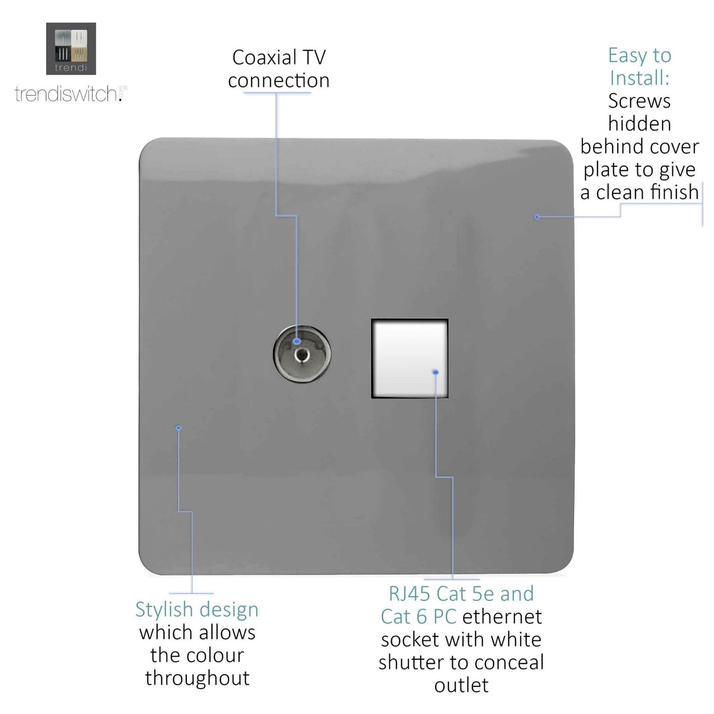 Trendi Modern Glossy Tactile TV Co-axial Socket+RJ45 Cat 5e&Cat 6 PC Ethernet Socket Light Grey