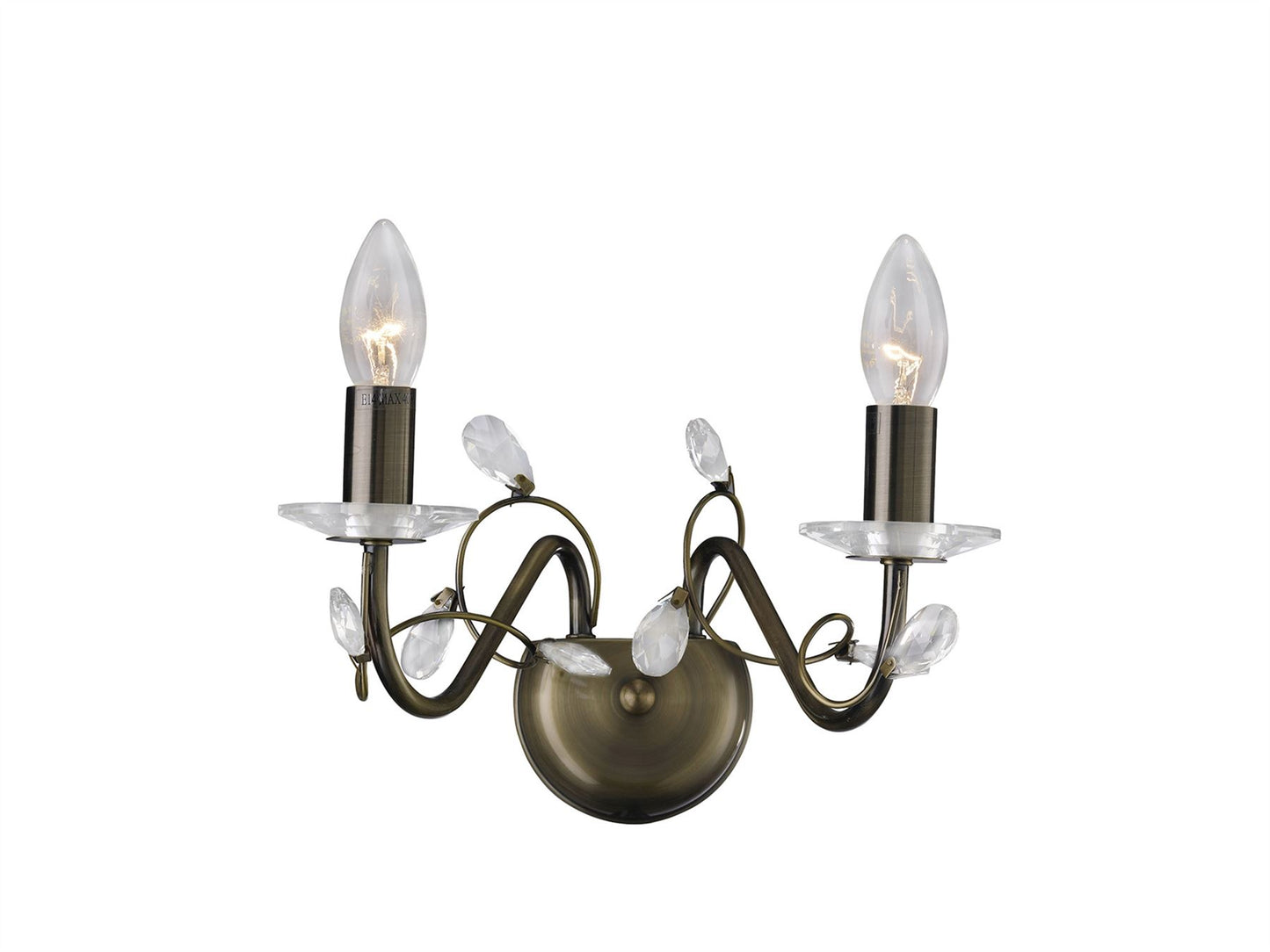 Diyas Willow Wall Light WITHOUT SHADE 2 Light E14 Antique Brass/Crystal