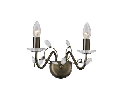 Diyas Willow Wall Light WITHOUT SHADE 2 Light E14 Antique Brass/Crystal