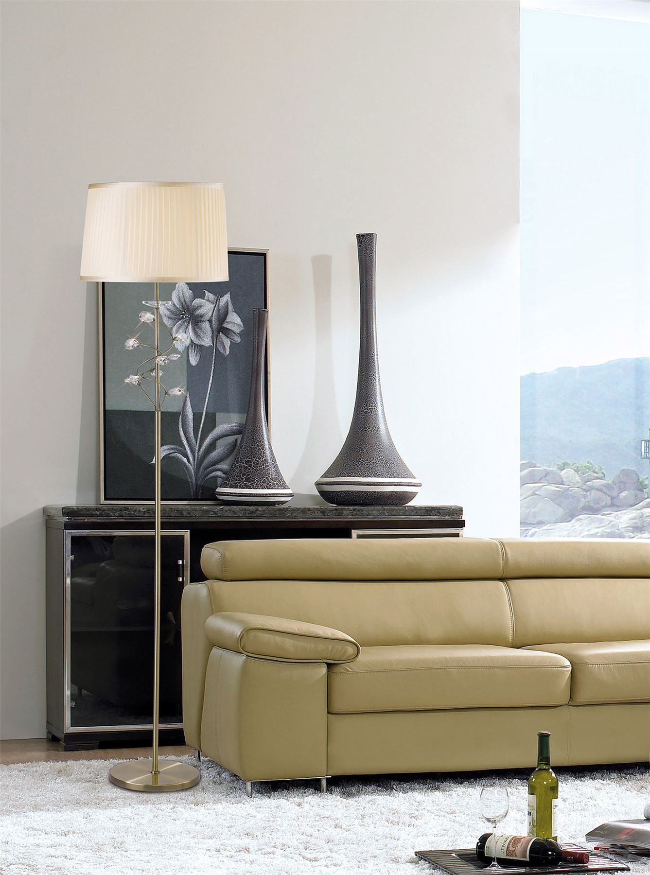 Diyas Willow Floor Lamp with Cream Shade 1 Light E27 Antique Brass/Crystal