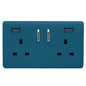 Ocean Blue Screwless 2 Gang Switched Double Socket 13A With 2 x USB-C 45W (Shared), (35mm Back Box Req.), 10yrs Warranty