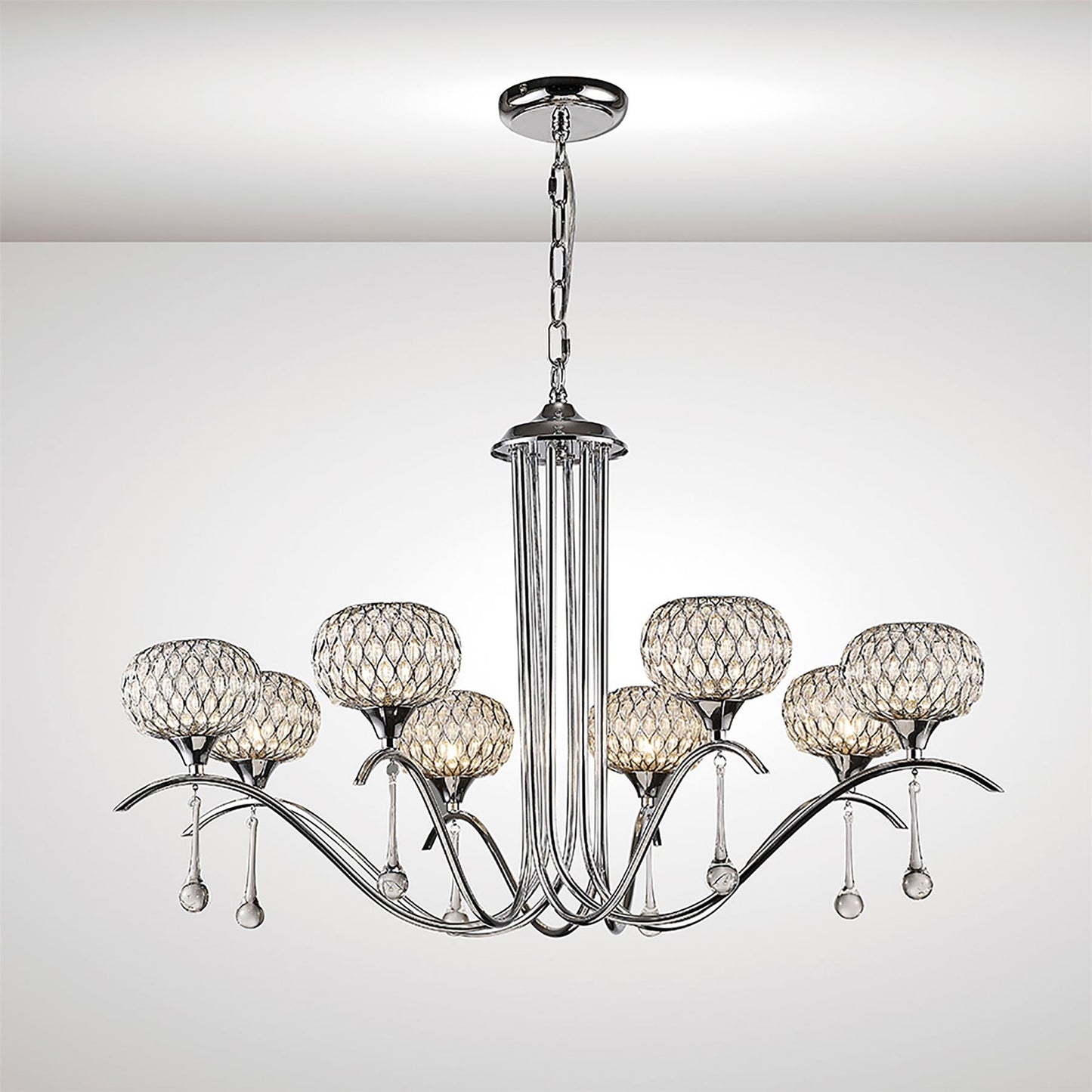 Diyas Chelsie 78cm  8 Light G9 Polished Chrome/Clear Beaded Glass Ceiling Pendant Light Fitting