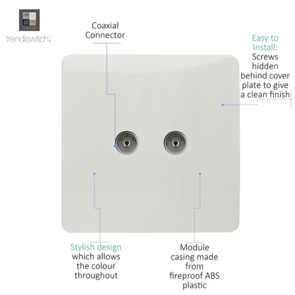 Trendi Switch 2 Gang Female Co-Axial Television Socket in Matt White - ART-2TVMWH
