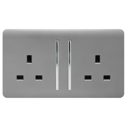 Trendi 2 Gang Raised Artistic Modern Glossy Screwless 13 Amp Single Pole with Chrome Switched UK Standard Electrical Double Wall Plug Socket in Light Grey - ART-SKT213LLG