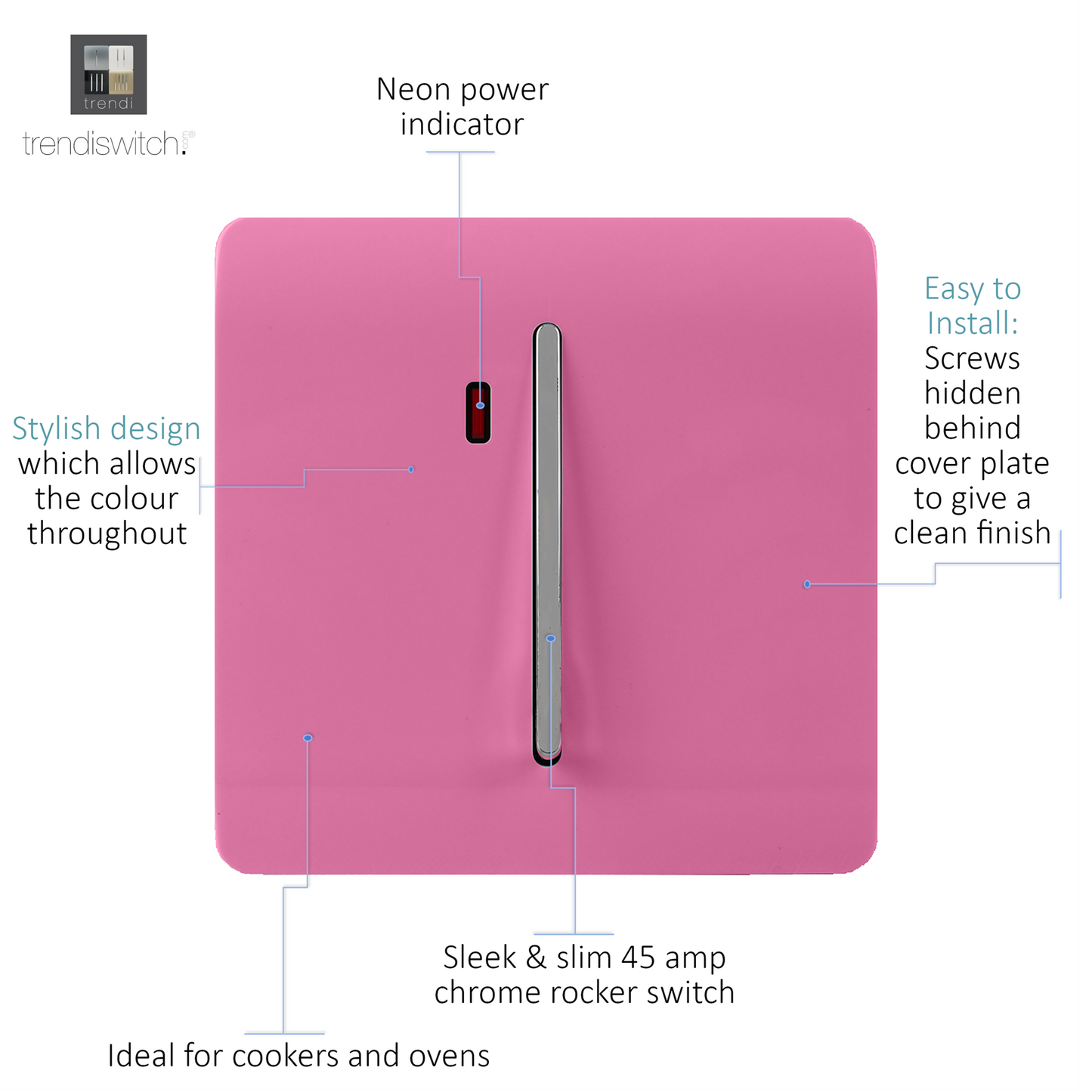 Trendi Artistic Modern Glossy 45 A Tactile Light Switch & Neon Insert Pink