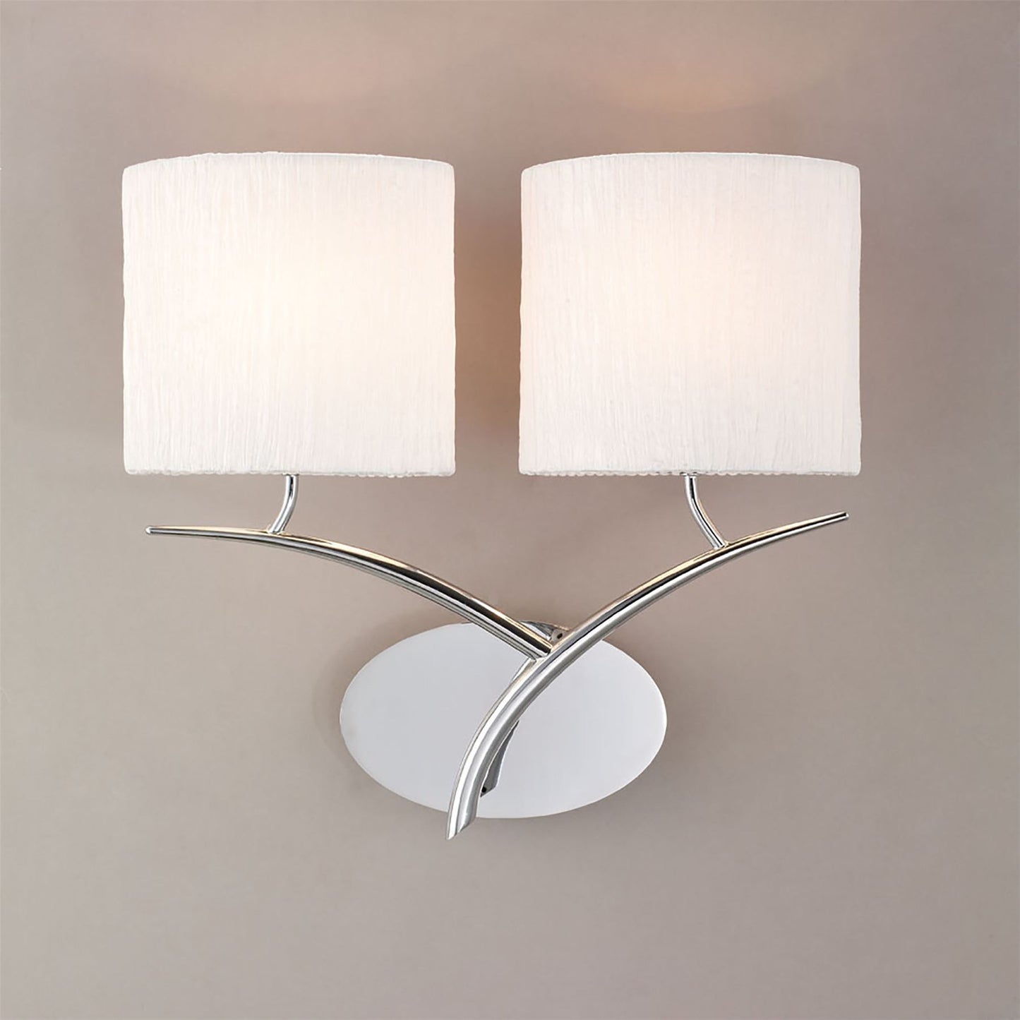 Mantra Eve Wall Light Switched 2 Light E27, Polished Chrome with White Oval Shades