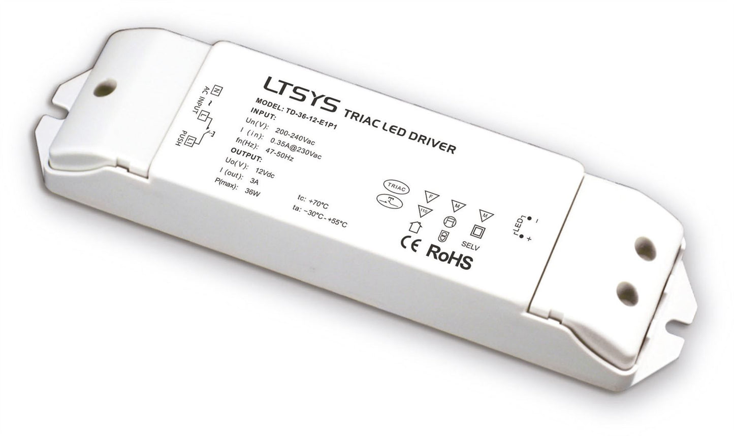 LTECH Intelligent LED driver, Triac/ELV Push Dimmable, 36W 12V 3A Constant voltage, Dimmable Driver, 200-240Vac input, 85% efficiency, IP44, 3yrs Wrnty