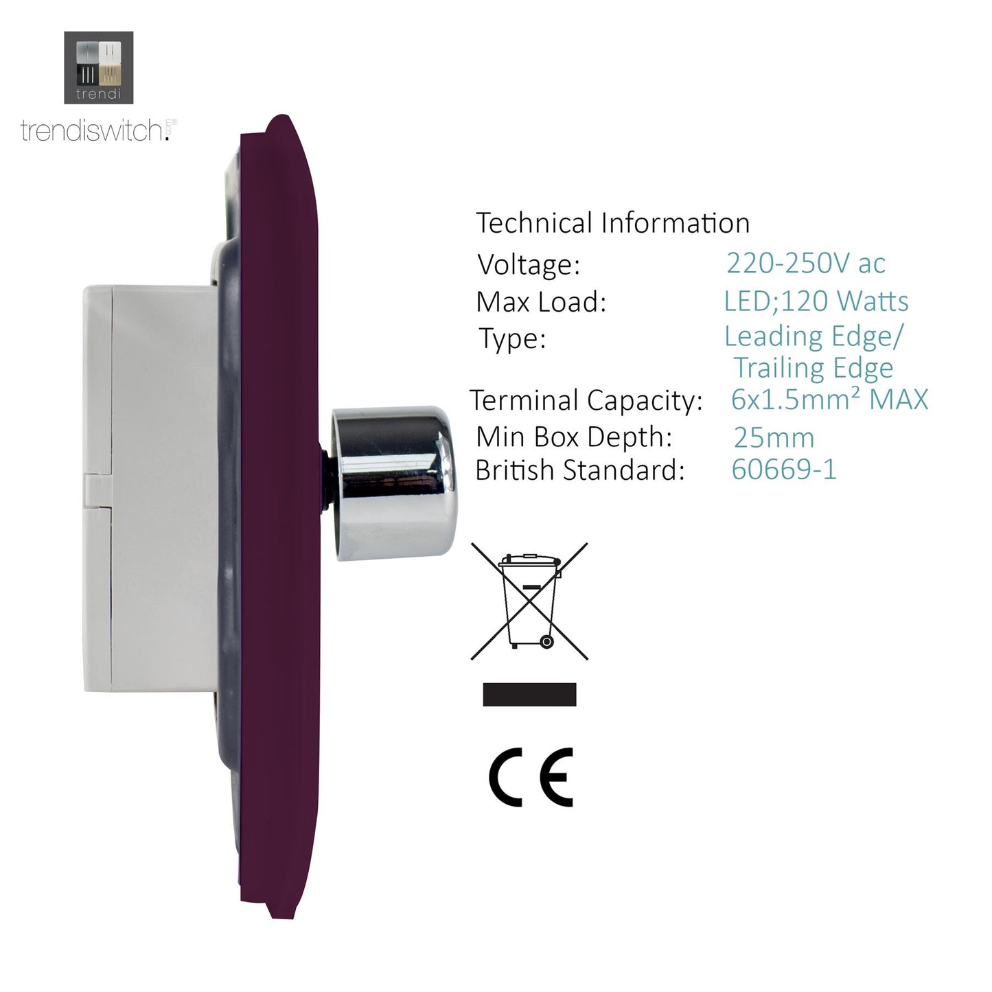 Trendi 4 Gang 2 Way 240V 100w LED Dimmer Screwless Raised Front Plate Plastic Artistic Modern Glossy 10 Amp Chrome Single Electrical Wall Light Switch in Plum - ART-4LDMPL