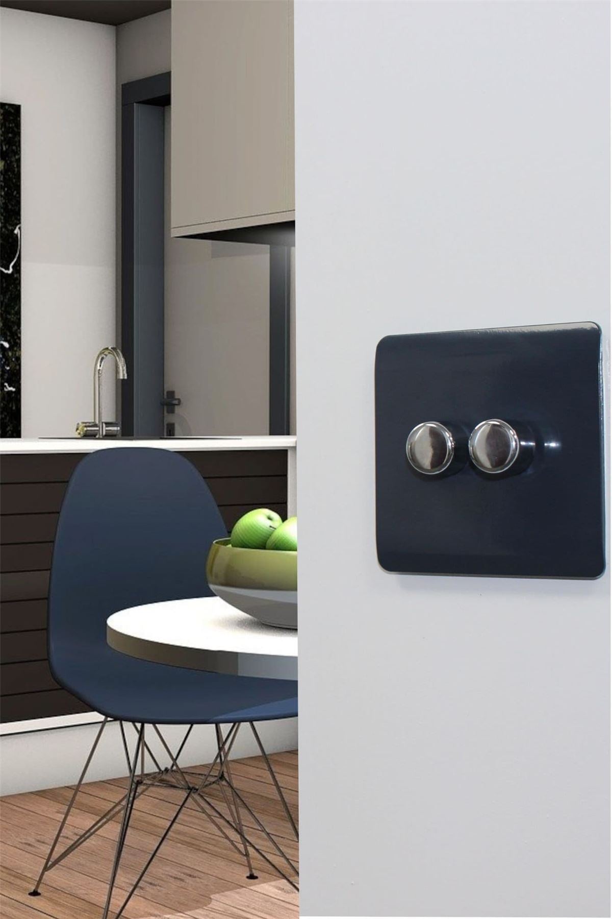 Trendi 2 Gang 2 Way 240V 100w LED Dimmer Screwless Raised Front Plate Plastic Artistic Modern Glossy 10 Amp Chrome Single Electrical Wall Light Switch in Navy - ART-2LDMNV