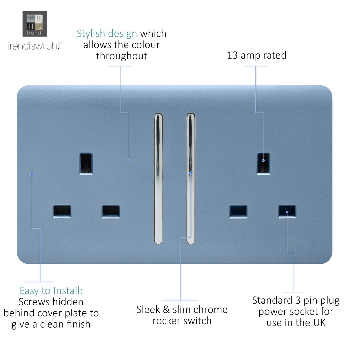 Trendi 2 Gang Artistic Modern Glossy 13 Amp Switched Plug Socket Sky (7 Pack)