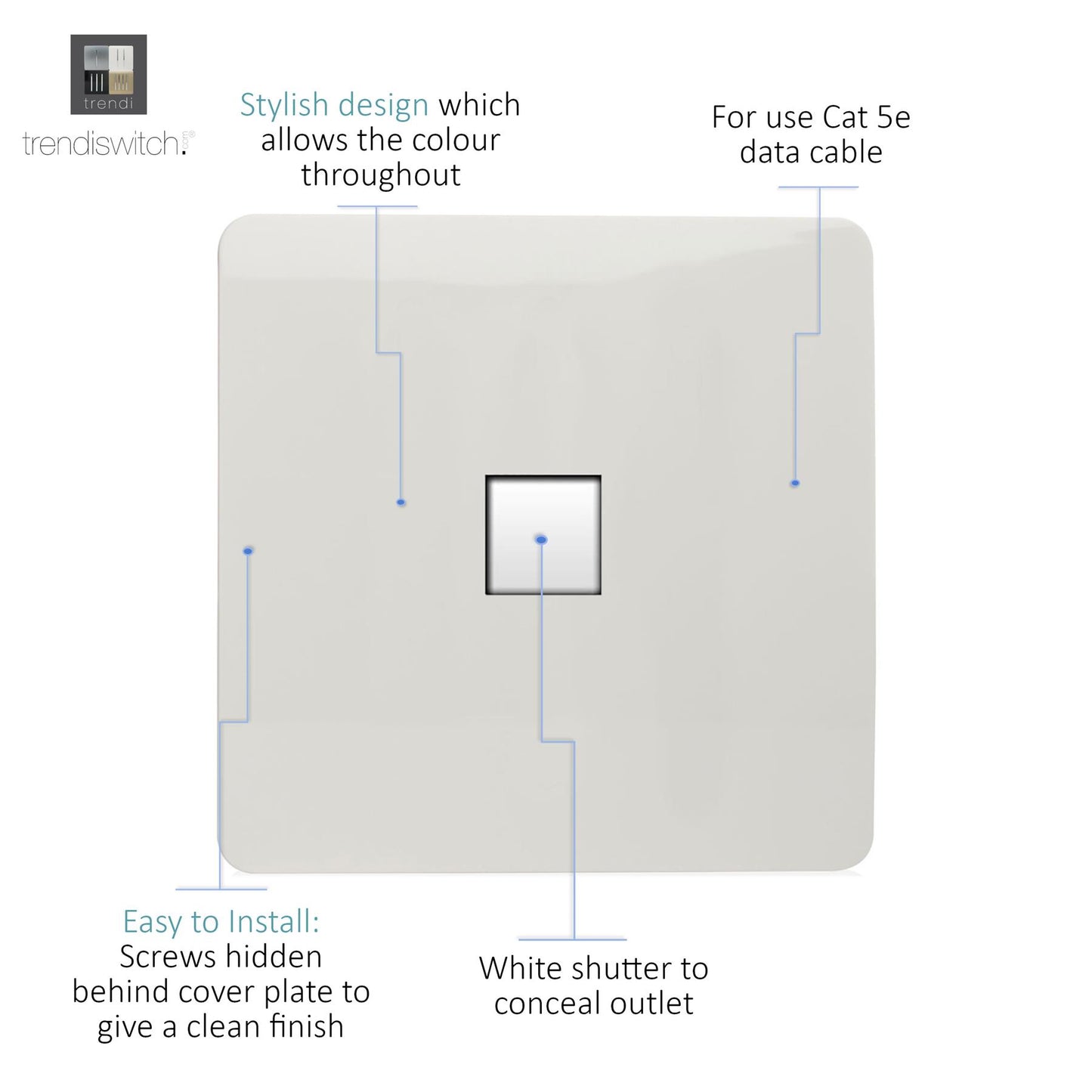 Trendi Switch 1 Gang RJ45 Cat 5e PC Ethernet Socket in Matt White - ART-PCMWH