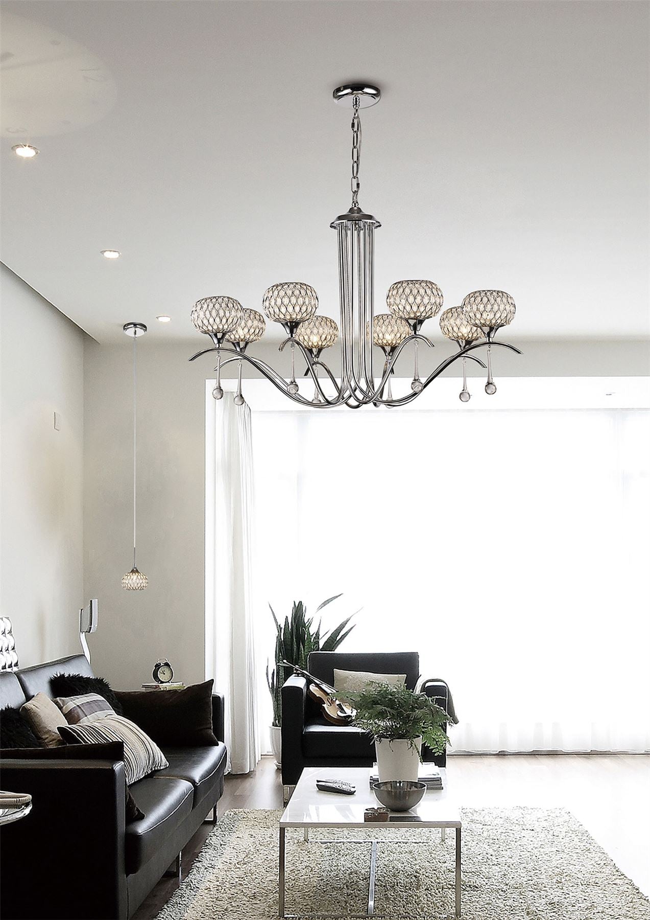 Diyas Chelsie 78cm  8 Light G9 Polished Chrome/Clear Beaded Glass Ceiling Pendant Light Fitting