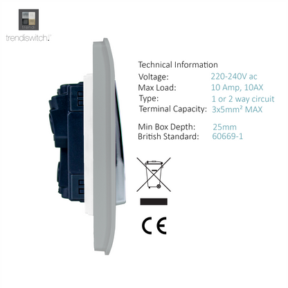 Trendi 1 Gang 2 Way 240V Screwless Artistic Modern Glossy 10 Amp Chrome Rocker Electrical Wall Light Switch in Platinum Silver (3 pack)