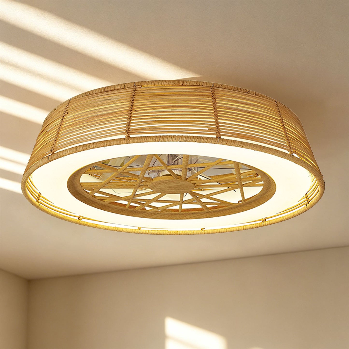 Indonesia 63cm 70W LED Dimmable Ceiling Light With Built-In 35W DC Reversible Fan, Beige Rattan, 4200lm, 5yrs Warranty