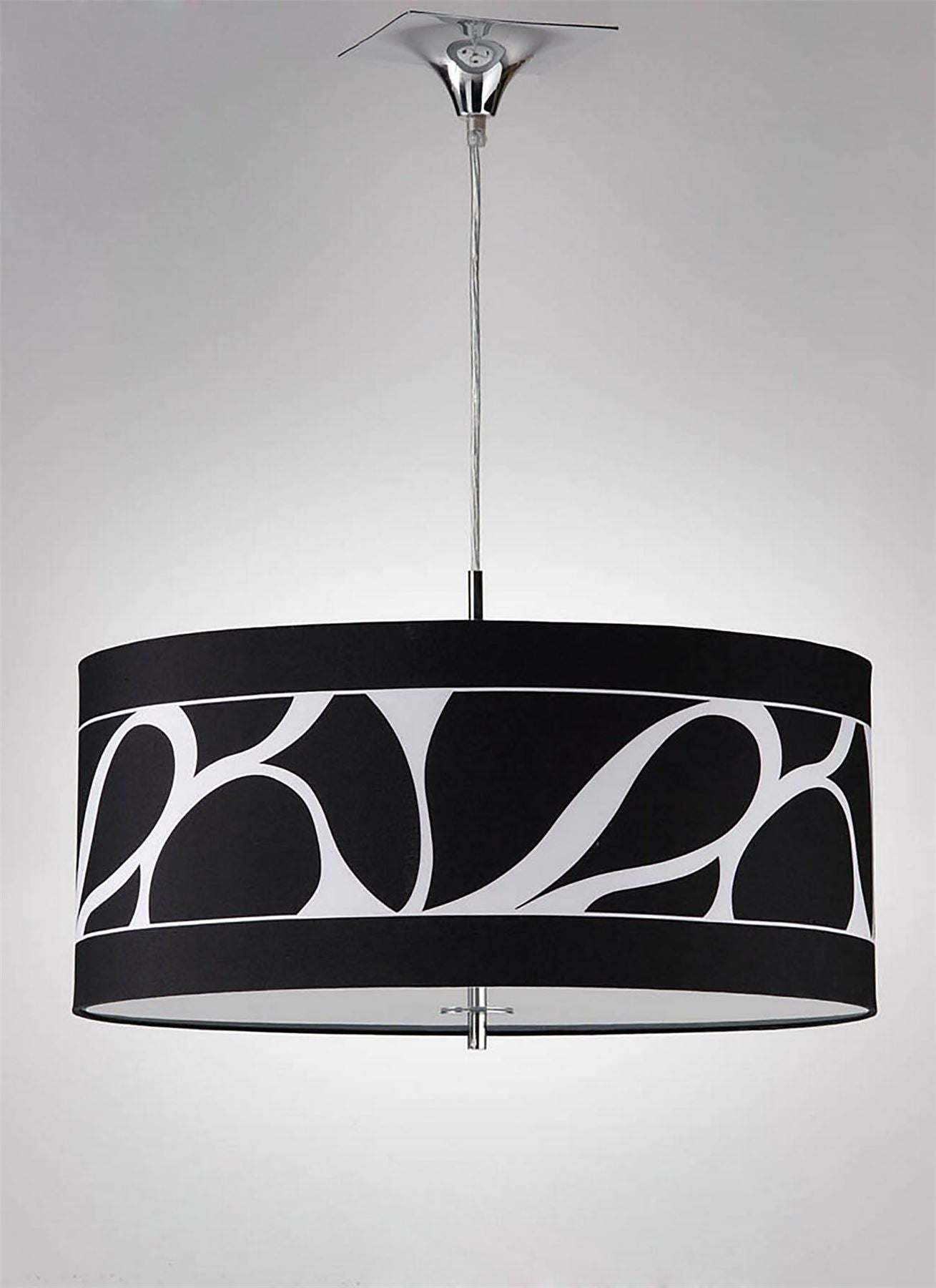 Mantra Manhattan 50cm Pendant Small 3 Light L1/SGU10, Polished Chrome/Frosted Glass with Black Patterned Shade, CFL Lamps INCLUDED