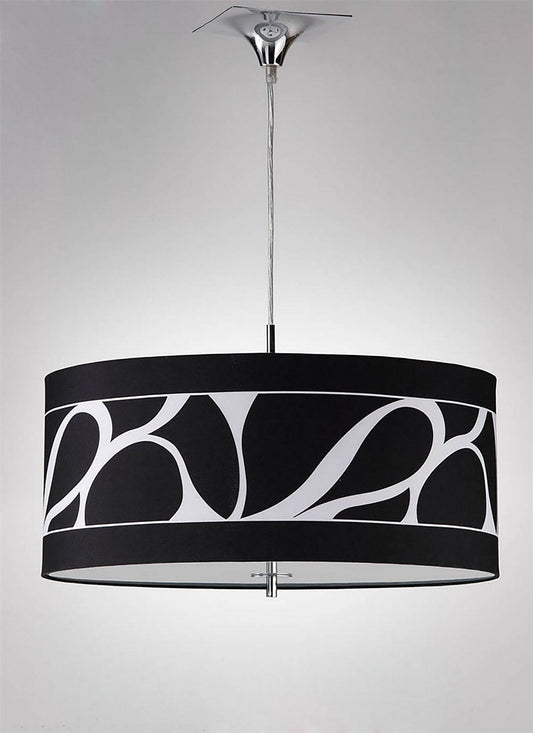 Mantra Manhattan 50cm Pendant Small 3 Light L1/SGU10, Polished Chrome/Frosted Glass with Black Patterned Shade, CFL Lamps INCLUDED