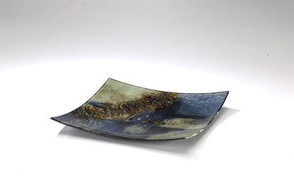 Diyas Home (DH) Kiana Glass Art Platter Square Blue/Multi-Colour Glitter