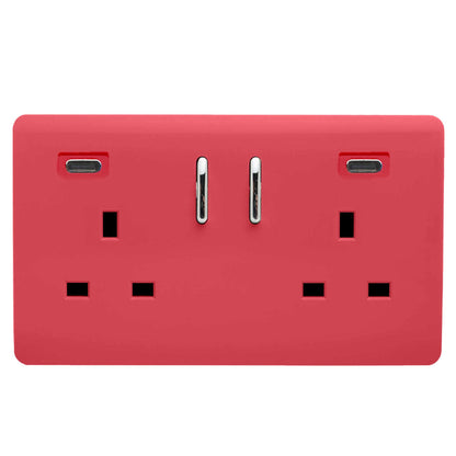 Strawberry Screwless 2 Gang Switched Double Socket 13A With 2 x USB-C 24W (Shared), (35mm Back Box Req.), 10yrs Warranty