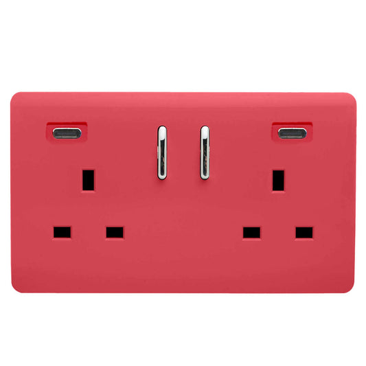 Strawberry Screwless 2 Gang Switched Double Socket 13A With 2 x USB-C 24W (Shared), (35mm Back Box Req.), 10yrs Warranty