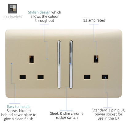 Trendi 2 Gang Artistic Modern Glossy 13 Amp Switched Plug Socket Champagne Gold (7 Pack)