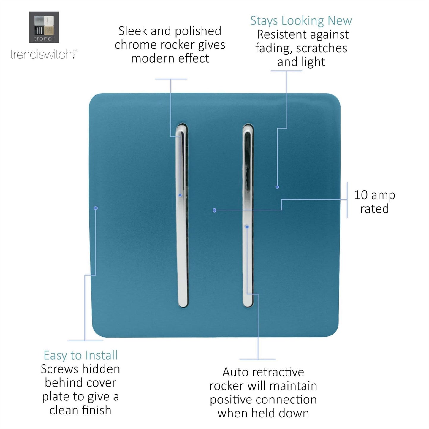 Trendi Artistic Modern Glossy Tactile Auto Retractive 2 Door Bell Switch Ocean Blue