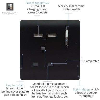 Trendi 1 Gang Artistic Modern Glossy 13 Amp 2 x 2.1mA USB Switched Tactile Plug Socket Black