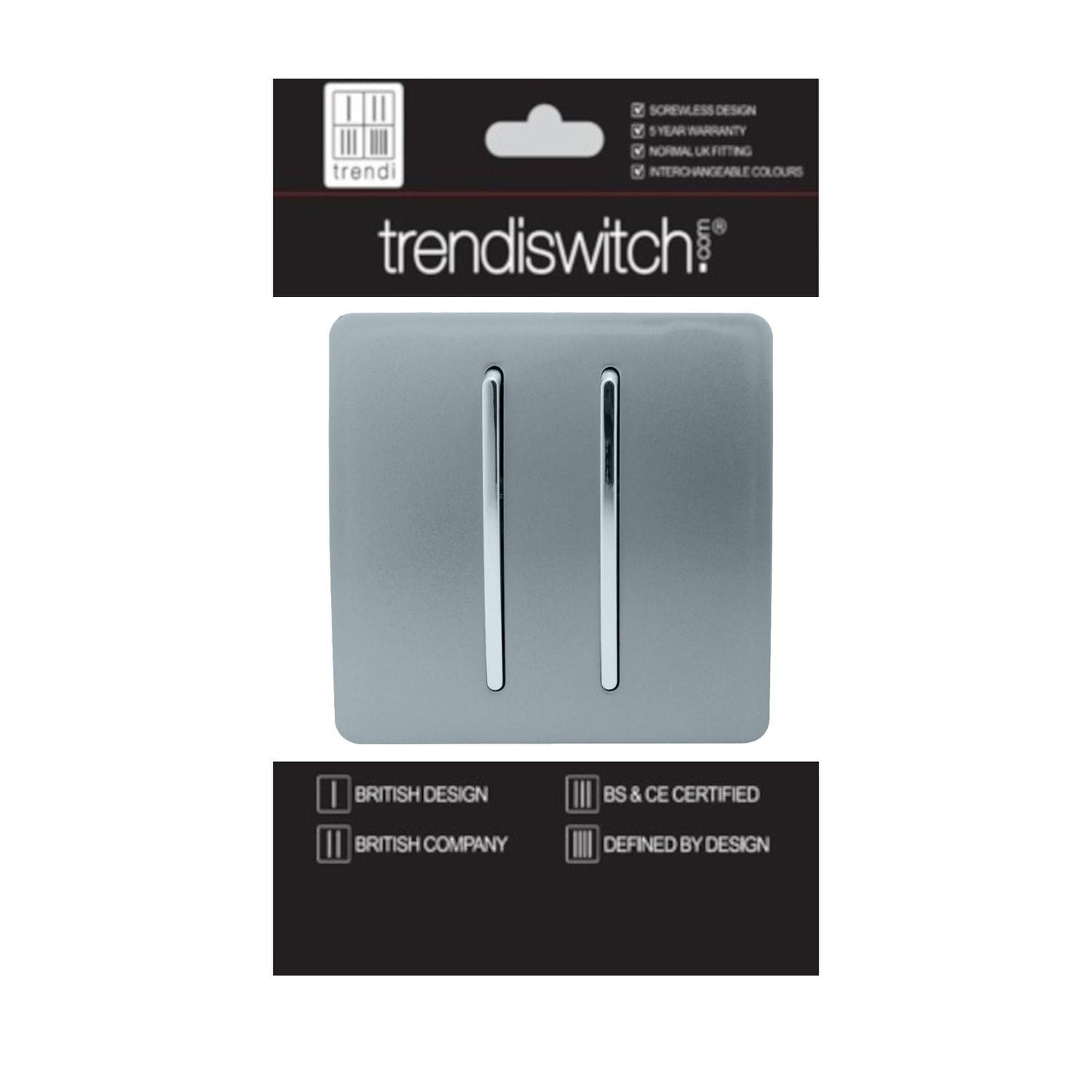 Trendi 2 Gang 2 Way 240V Screwless Artistic Modern Glossy 10 Amp Chrome Rocker Electrical Wall Light Switch in Cool Grey (2 pack)