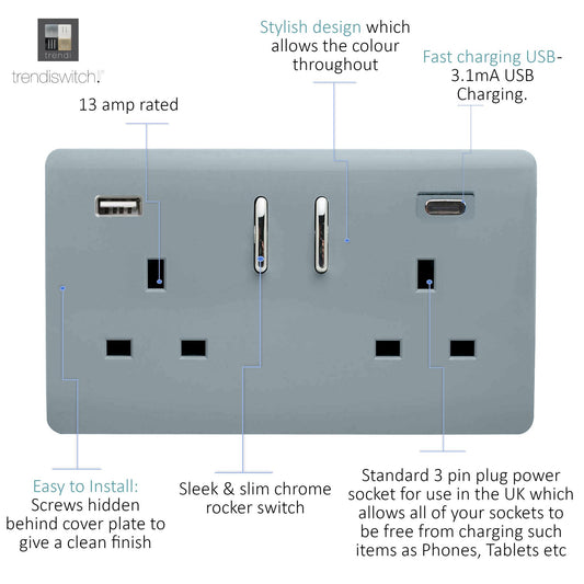 Trendi 2 Gang Artistic Modern Glossy 13 Amp 2 x Type A & C 3100 mA USB Switched Plug Socket Cool Grey