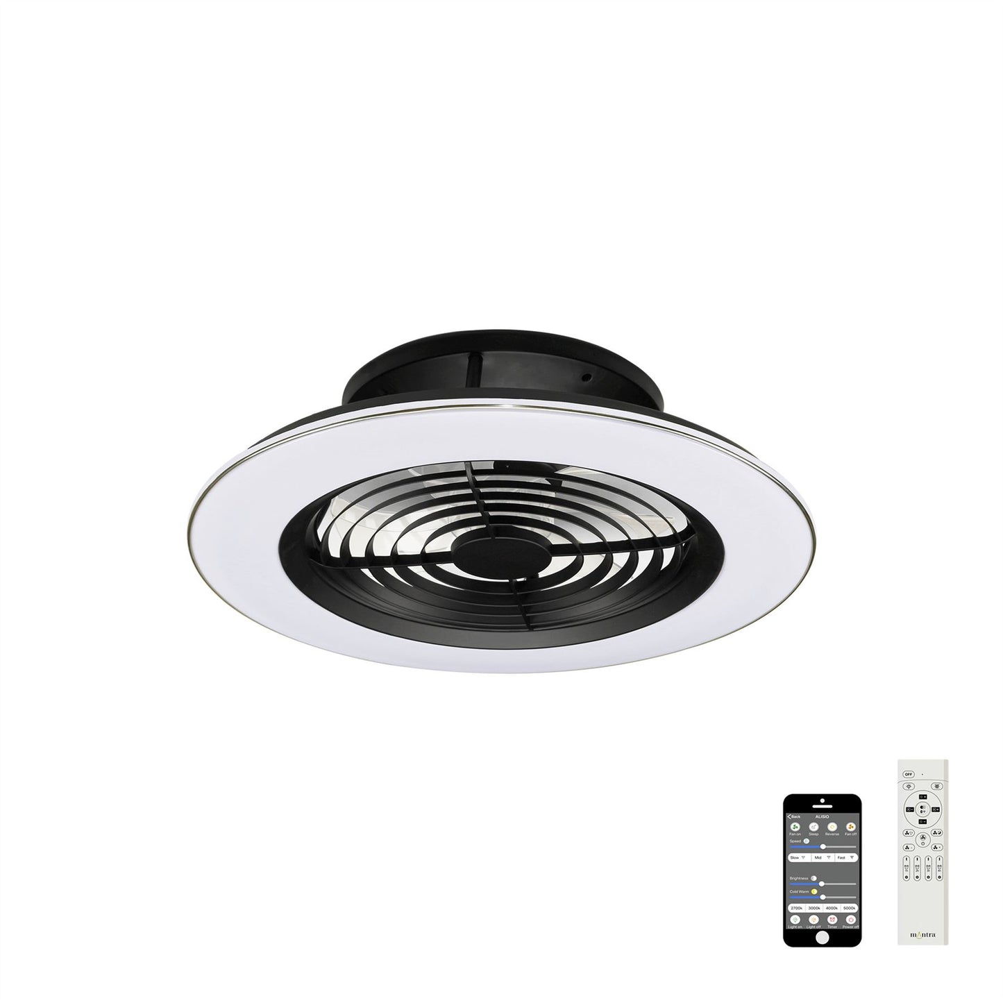 Alisio 63cm 70W LED Dimmable Ceiling Light With Built-In 35W DC Reversible Fan, BlackWhite Finish c/w Remote Control and APP Control, 4900lm