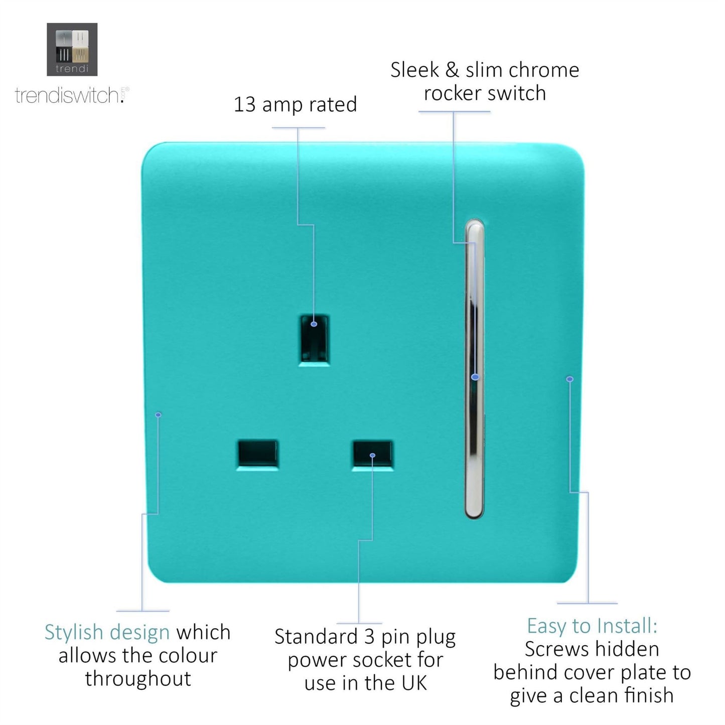 Trendi 1 Gang Artistic Modern Glossy 13 Amp Switched Tactile Plug Socket Bright Teal