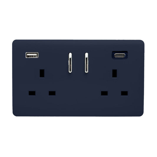 Trendi 2 Gang Artistic Modern Glossy 13 Amp 2 x Type A & C 3100 mA USB Switched Plug Socket Navy Blue