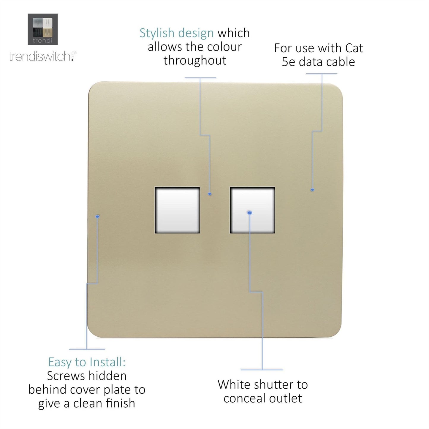 Trendi Modern 2 Gang RJ45 Cat 5e & Cat 6 PC Ethernet Socket Gold ART-2PCGO