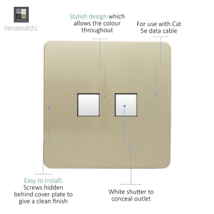 Trendi Modern 2 Gang RJ45 Cat 5e & Cat 6 PC Ethernet Socket Gold ART-2PCGO