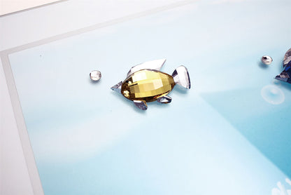 Diyas Home Crystal Wall Art (DH) Aqua Swimming Fish, Black Frame, Amber, Blue, Clear Crystal Framed