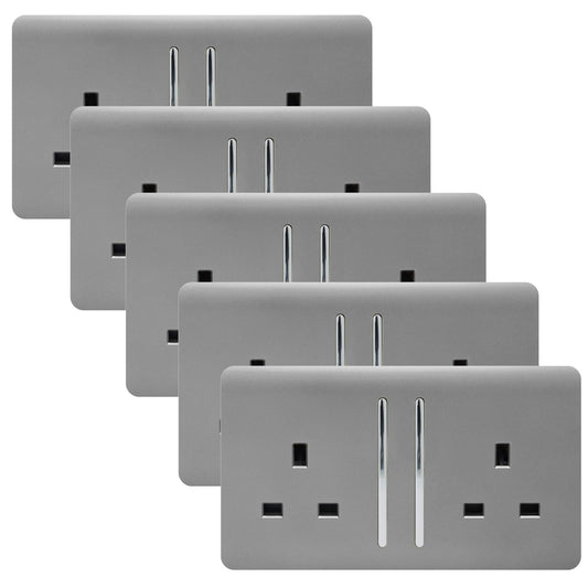 Trendi 2 Gang Artistic Modern Glossy 13 Amp Switched Tactile Plug Socket Light Grey (5 Pack)