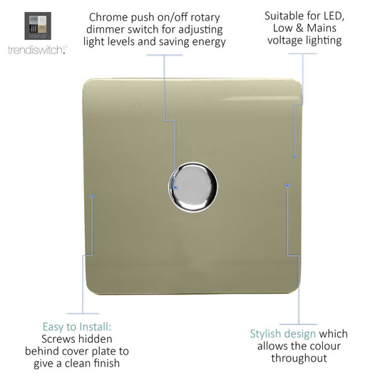 Trendi 1 Gang 2 Way 240V 100w LED Dimmer Screwless Raised Front Plate Plastic Artistic Modern Glossy 10 Amp Chrome Single Electrical Wall Light Switch in Champagne Gold - ART-LDMGO