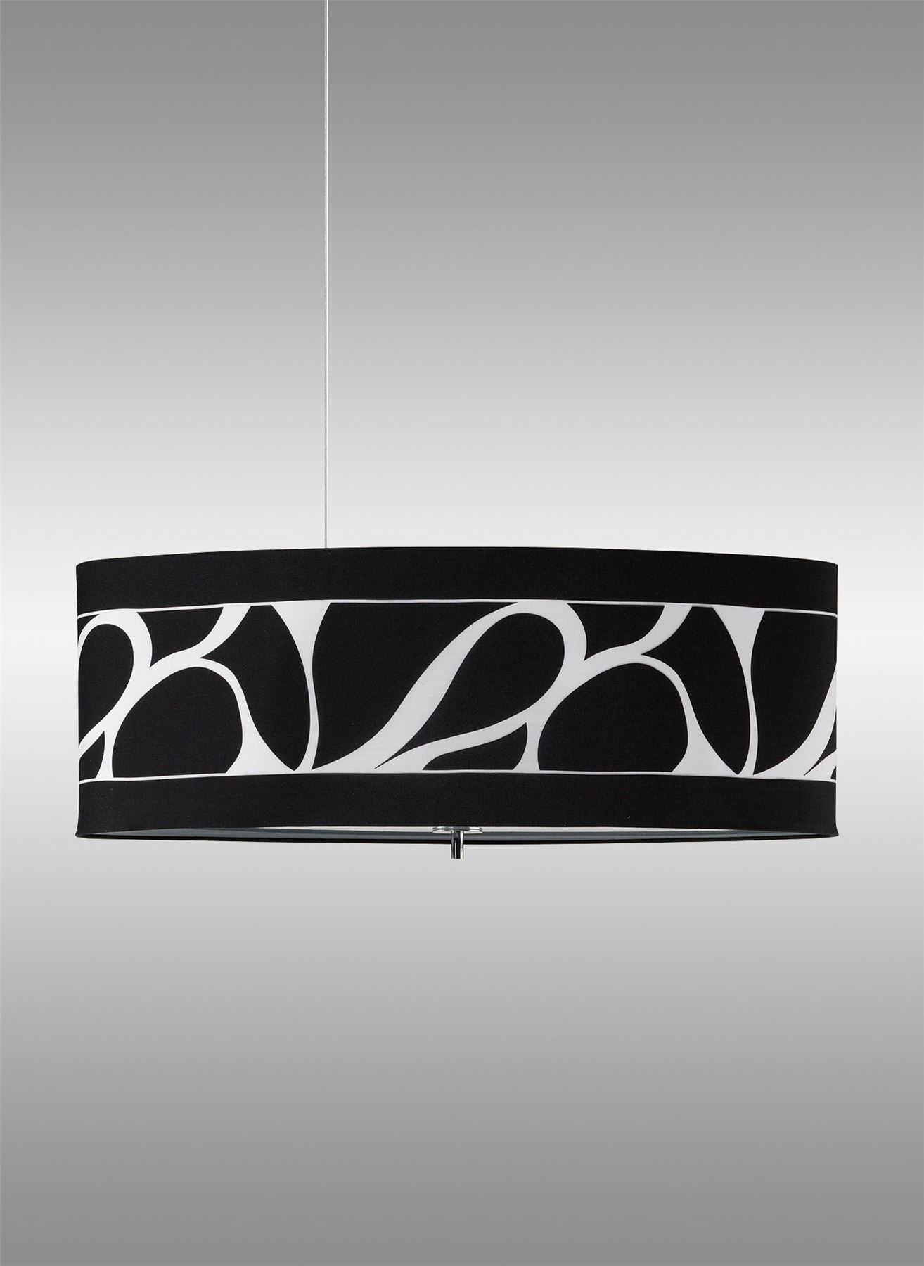 Mantra Manhattan Linear Pendant Large 3 Light L1, SGU10, Polished Chrome, Frosted Glass with Black Patterned Shade, CFL Lamps INCLUDED