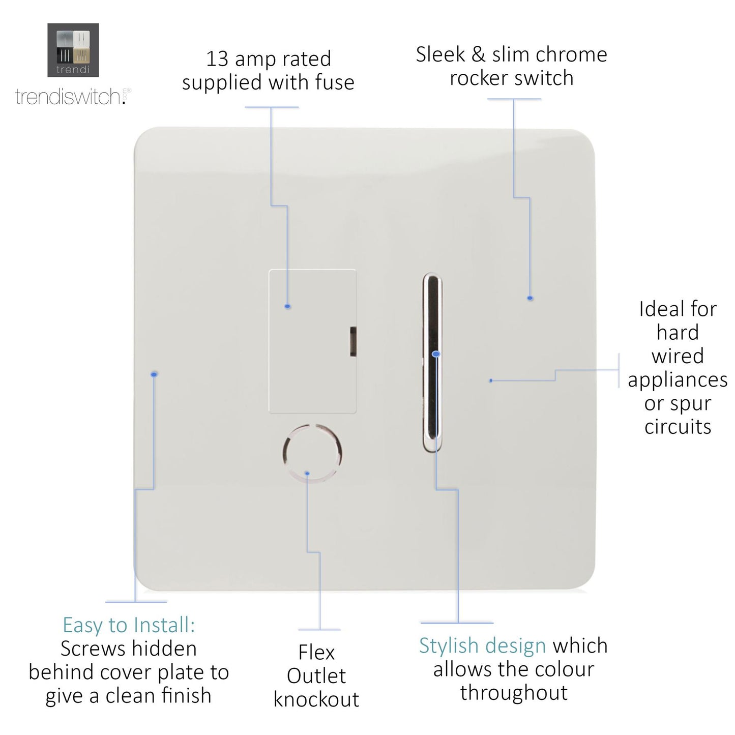Trendi Artistic Modern Glossy Tactile Fused Spur Switch White ART-FSWH
