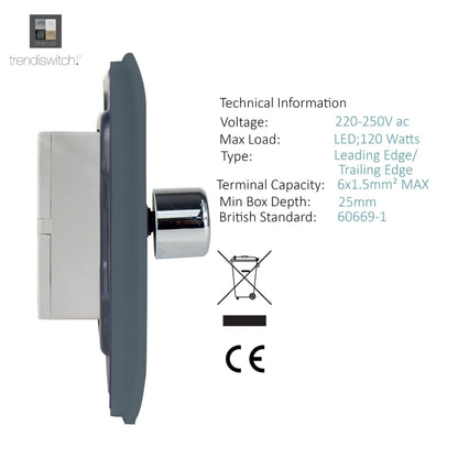 Trendi 2 Gang 2 Way 240V 100w LED Dimmer Screwless Raised Front Plate Plastic Artistic Modern Glossy 10 Amp Chrome Single Electrical Wall Light Switch in Warm Grey - ART-2LDMWG