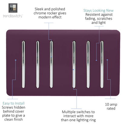 Trendi Artistic Modern Glossy 6 Gang 2 Way Rocker Double Plate Tactile Light Switch Plum
